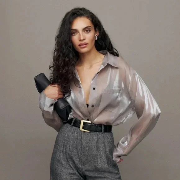 Reformation Metallic Sheer Blouse - Picture 1 of 5